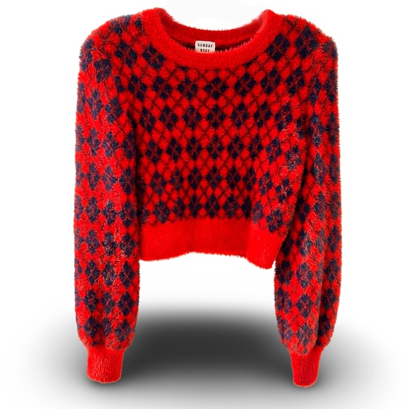 Women's Aritzia Sunday Best Argyle Kitten Cropped Pure Indigo/Crimson Si… - Picture 1 of 10